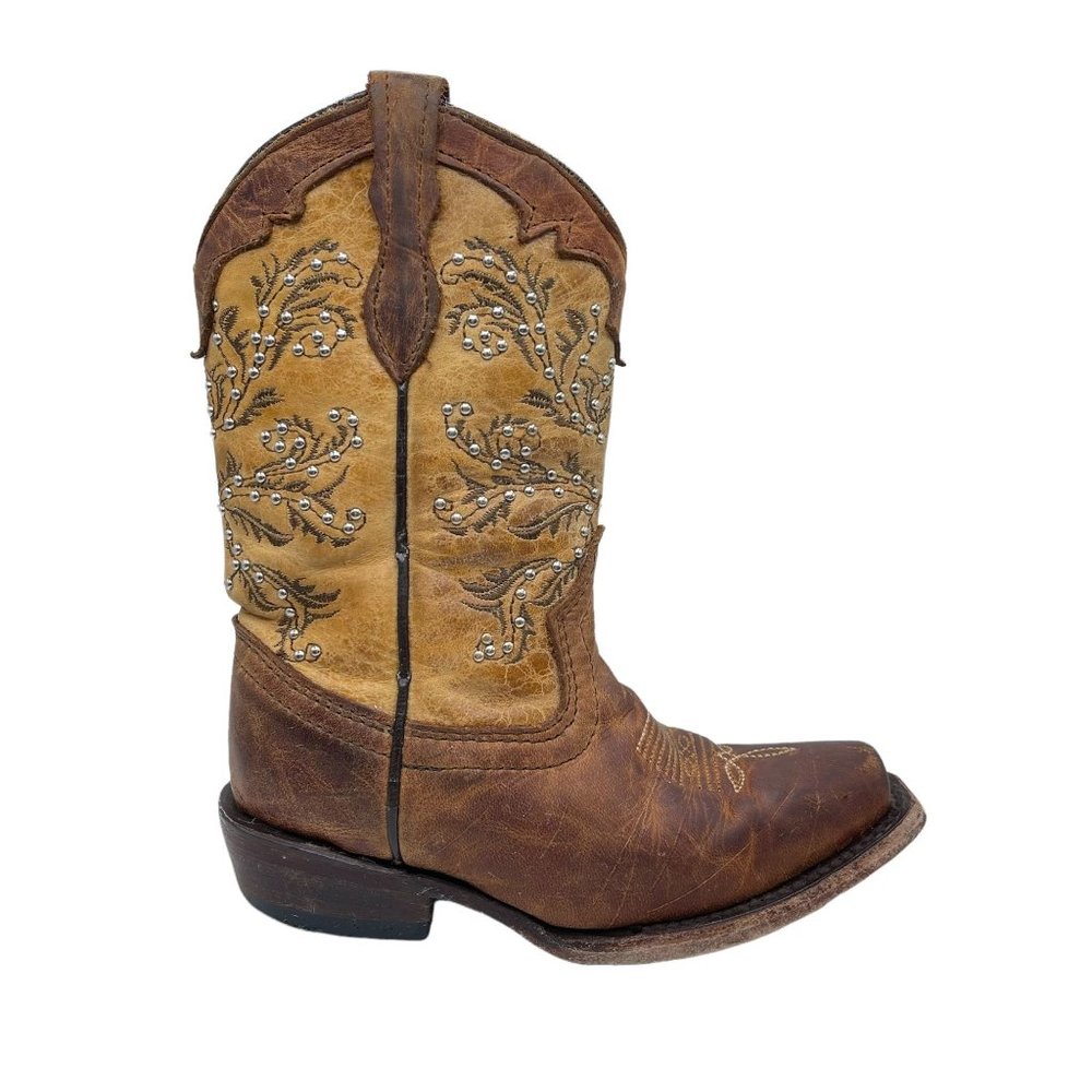 Innovation Brown Leather Clipped Toe Studded Western Cowboy Boots Girls Size 9